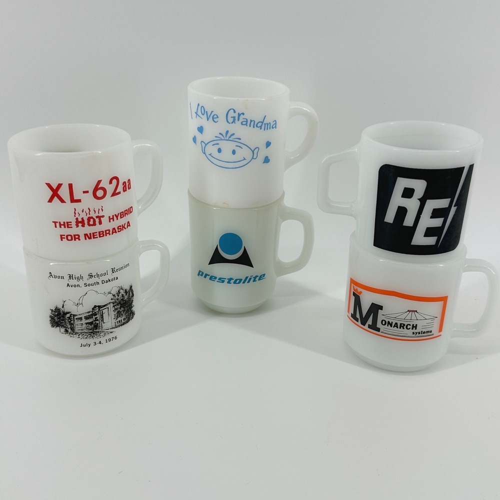 Milk Glass Mugs Vintage Federal GlasBake Advertising Mixed Lot 6 Retro MCM 70's